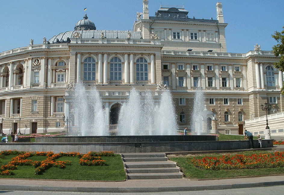 Fountain on theatre square. Odessa opera and ballet theatre
